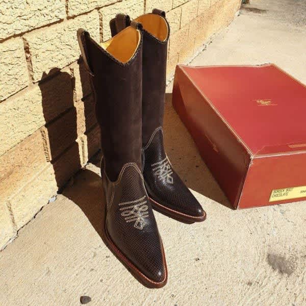 NEW RM Williams ladies Long Snake Print Borden heel Boot In Chocolate