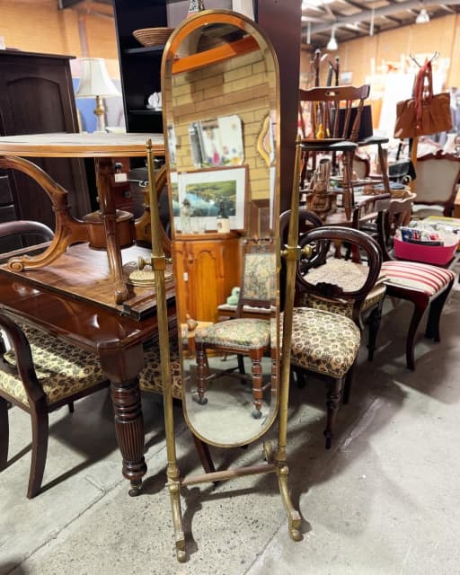 Regency Brass Full Length Standing Cheval Mirror with Bevelled Edge