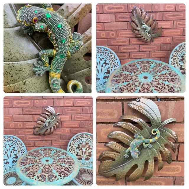 Metal Garden Art. Monstera Leaf with Jewelled Lizard Garden Ornament