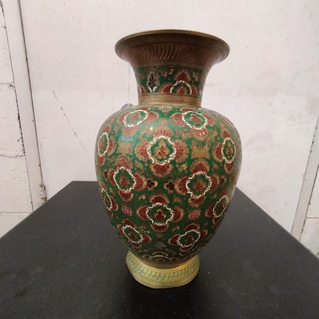 Large decorative mid Century style brass etched Cloisonne vase