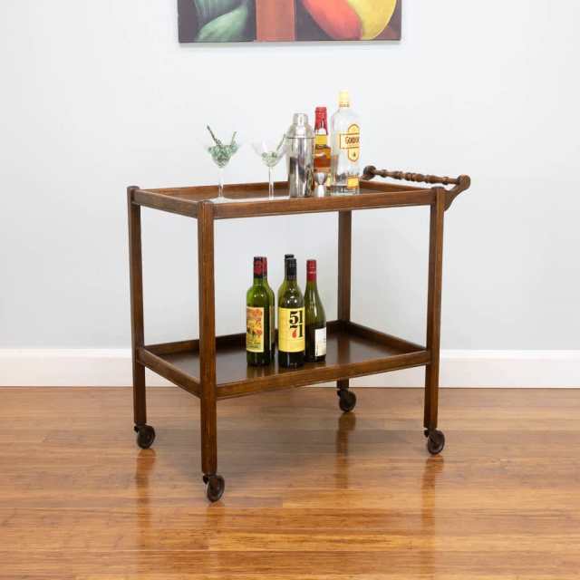 Antique Vintage Oak Drinks Trolley / 2 Tier Side Table Glass Top