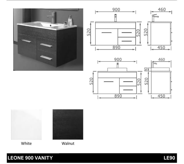 900mm wall hung vanity with ceramic top, white or walnut pick up only