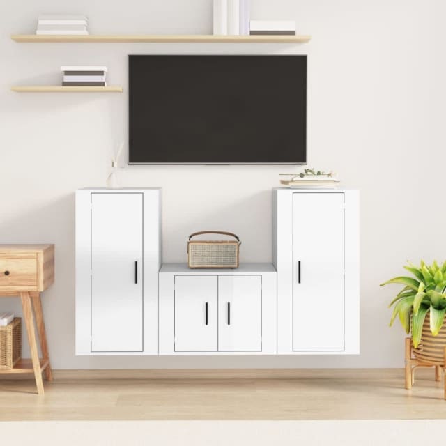 3 Piece TV Set High Gloss White Engineered Wood