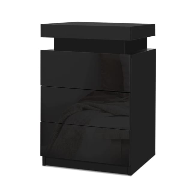 Bedside Tables Side Table 3 Drawers RGB LED High Gloss Nightstand Bla