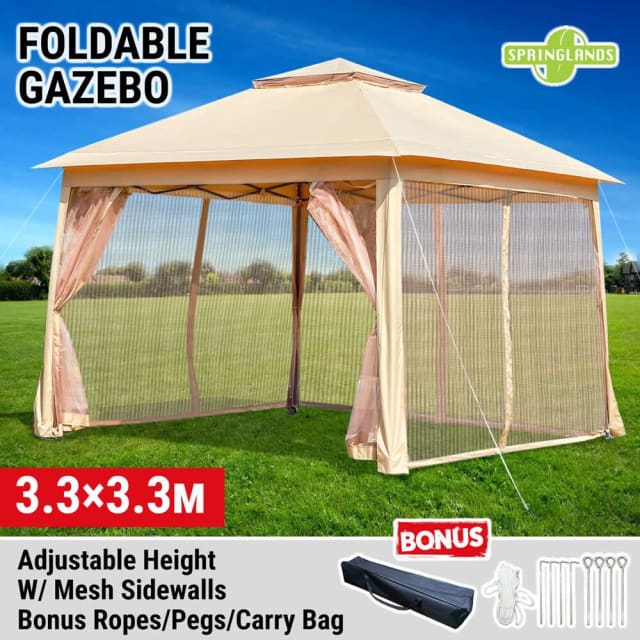Foldable Gazebo 3.3m W/ Mesh Side Wall Camping Canopy Tent Marquee Wed