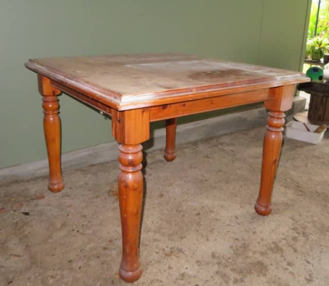 Solid Pine Timber Table with turned legs 1m x 1m x 76cm high 150