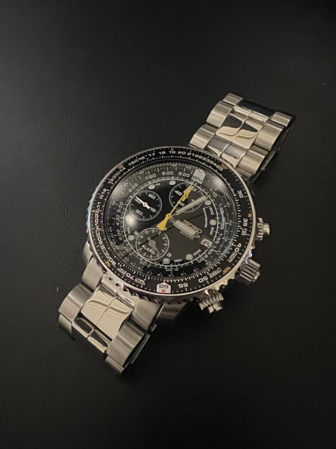 Seiko Mens SNA411P1 Quartz Pilots FlightMaster Alarm Chronograph 200M  Stainless Steel Watch
