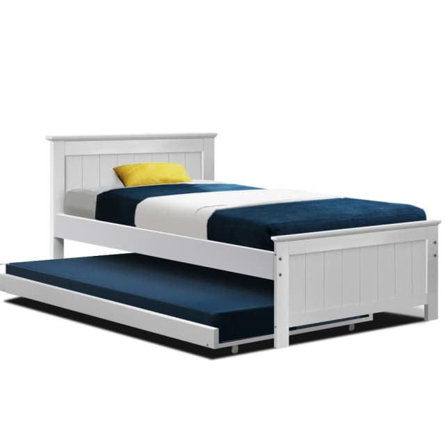 Wooden Trundle Bed Frame Timber Slat King Single Size White Beds