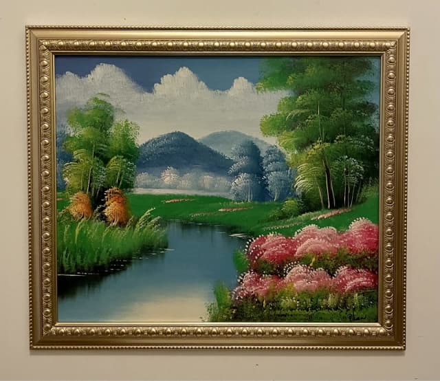 Gold Framed Riverside Landscape Oil Painting signed 60cm x 70cm Art