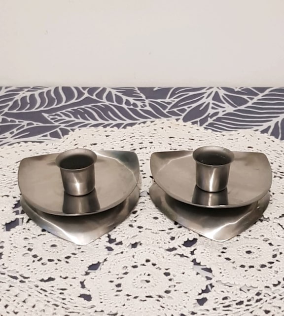 2x MCM Danish Style Stainless Tri Corner Candle Holder,Retro 1970s