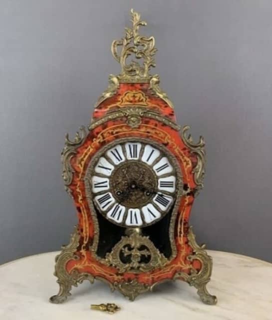 Antique Mantel Clock Mechanical Wood Bronze Key Style Boulle France