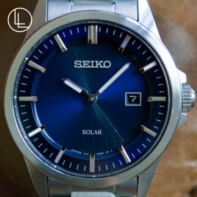 SEIKO V157 0AV0 Solar Stainless Steel Mens Watch with Navy Blue