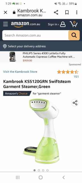 kambrook swiftsteam garment steamer kss120grn