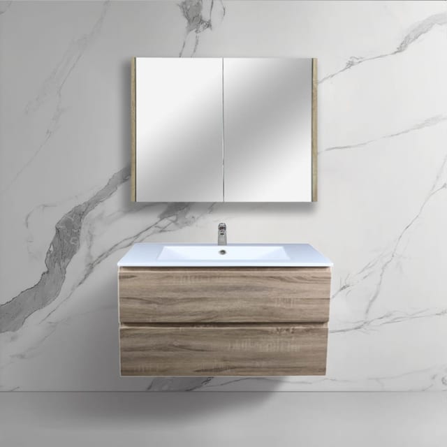 900x460x520mm Wall Hung Bathroom MDF Vanity White Oak Wood Grain