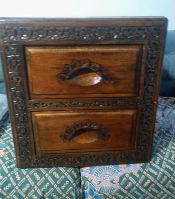 Carved timber chest of drawers Asian inspired 2 drawers EXC cond