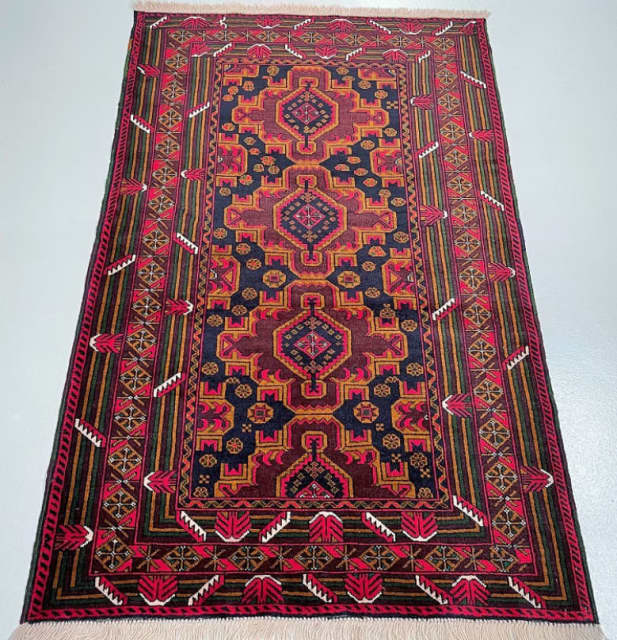 Pure wool geometric tribal design handmade Afghan Balouchi rug 2x1.2m