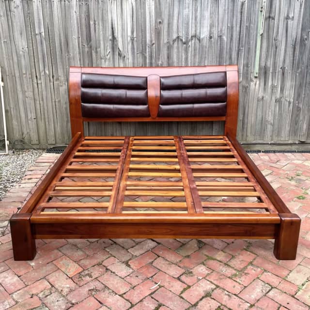 Solid Wood and Padded Faux Leather Bed Frame and Slats / King size