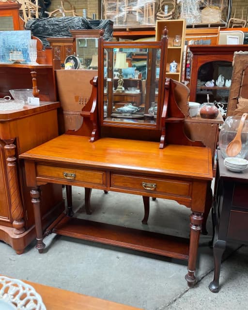 Antique Cedar 2 Drawer Dresser with Bevelled Edge Vanity Mirror