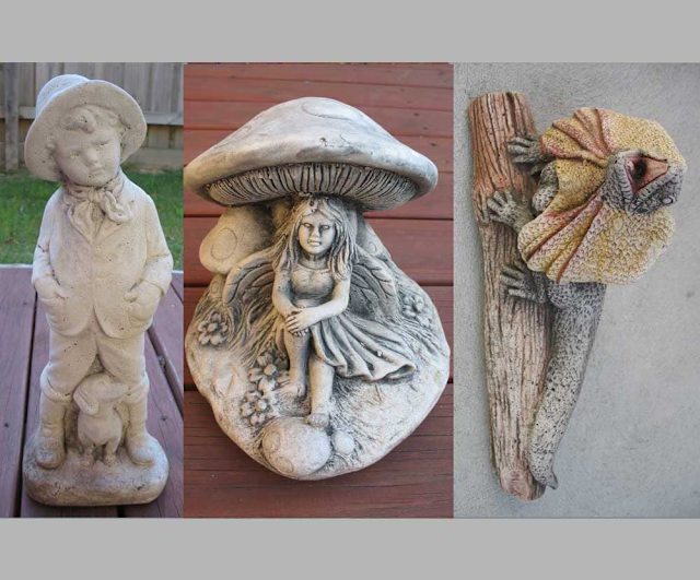 Garden Statues, Frill Lizard, Fairy, Boy with Dog, 75 each Other