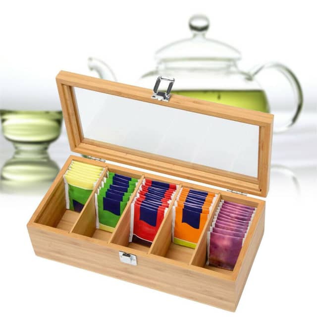 Tea Bag Organizer Storage Box Wooden Teabag Holder Bamboo Packet Container 