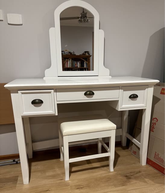 White Dressing Table with attached Mirror and matching stool