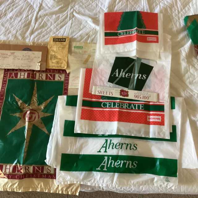 AHERNS, BOANS, BAIRDS ASSORTED BAGS, RECEIPTS ETC. Collectables in