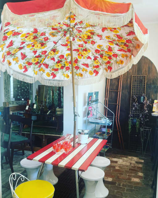 Vintage Retro 1950s Patio Set Beach Umbrella, Folding Table and Stools