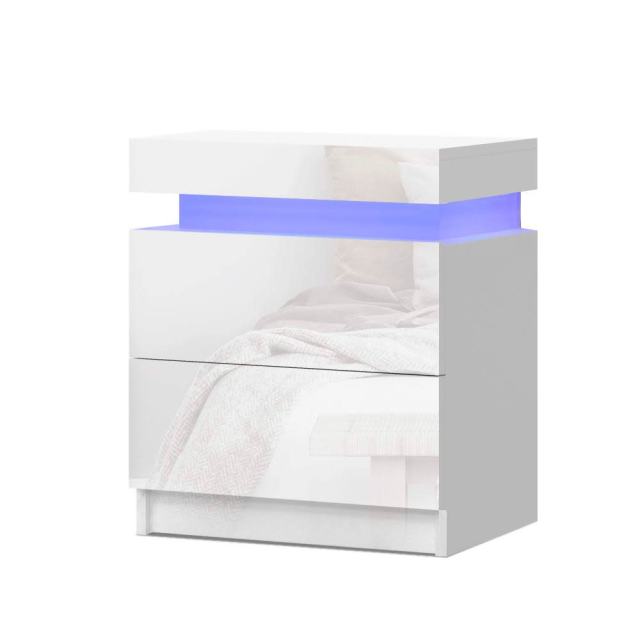 Bedside Table LED 2 Drawers Liftup Storage COLEY White Bedside