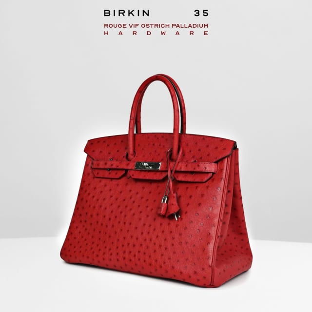 Hermes Birkin 35 Rouge Vif Ostrich Palladium Hardware Handbag Bags