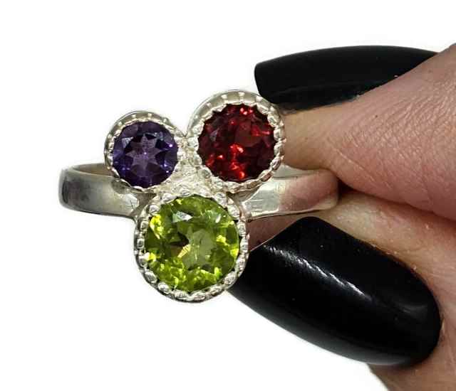 Multi Gemstone Ring, Size O, Sterling Silver, Peridot, Amethyst