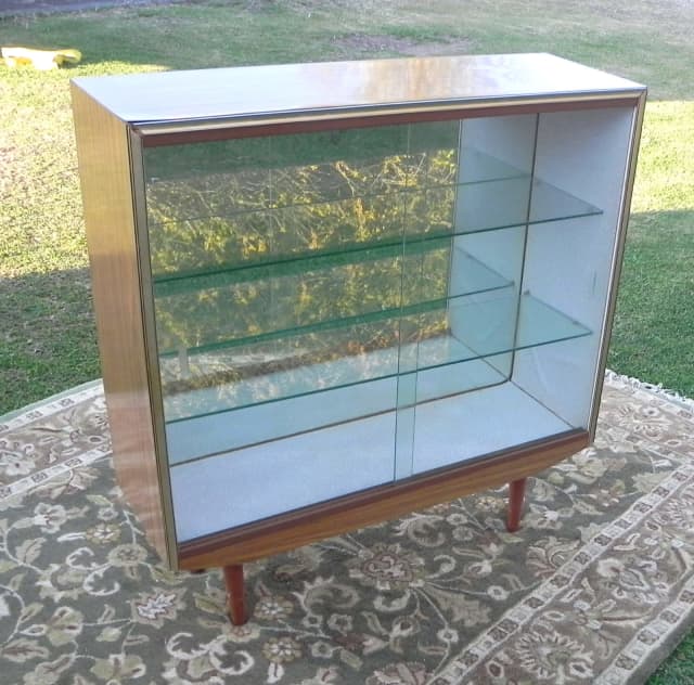 Mid Century Modern Mirror Back 2 Shelves Glass Sliding Display