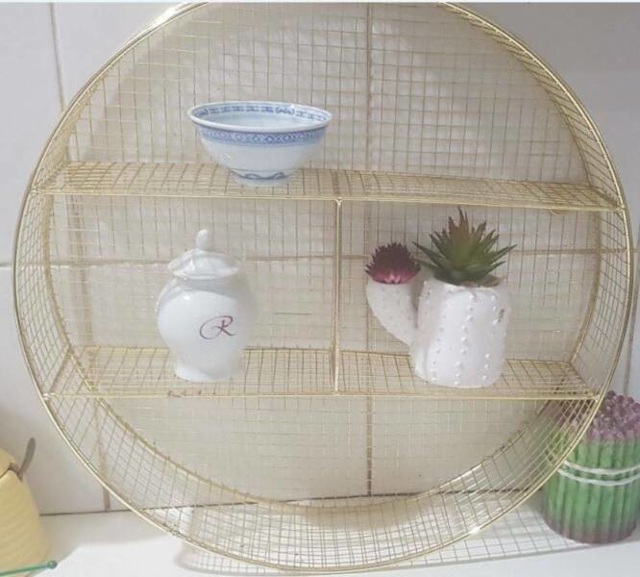 Gold round wire floating wall shelf 40cm diameter 8cm wide 2 shelves