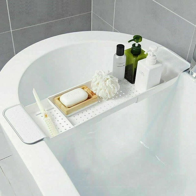 White Bathroom Expandable Bath Caddy Holder Tray Over Bathtub Rack