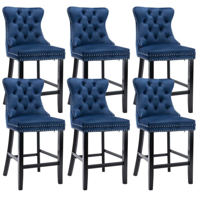6X Velvet Bar Stools with Studs Trim Wooden Legs Tufted Dining Ch