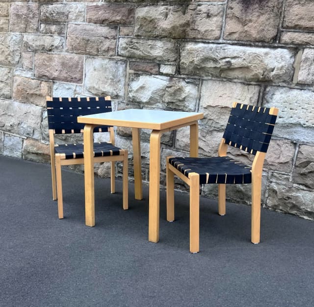 2 x Original Artek Anibou 611 Dining Chairs by Alvar Aalto Black Linen