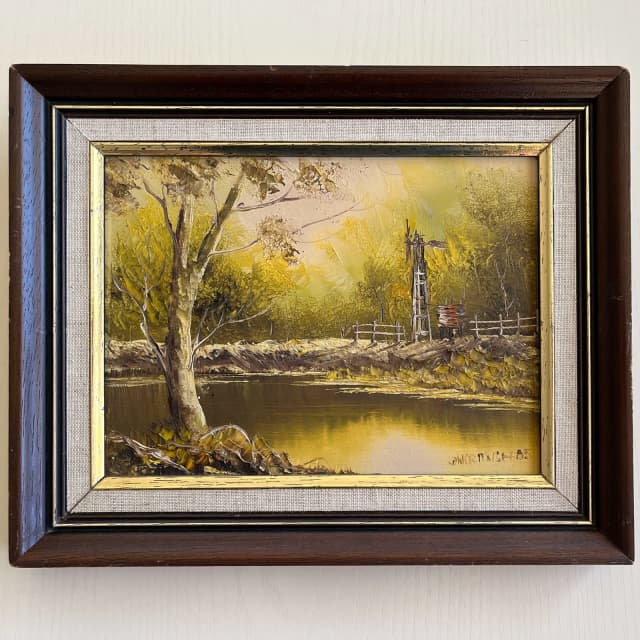 Vintage Framed Oil Painting Art Australia Outback Lake Farm Lake Scene