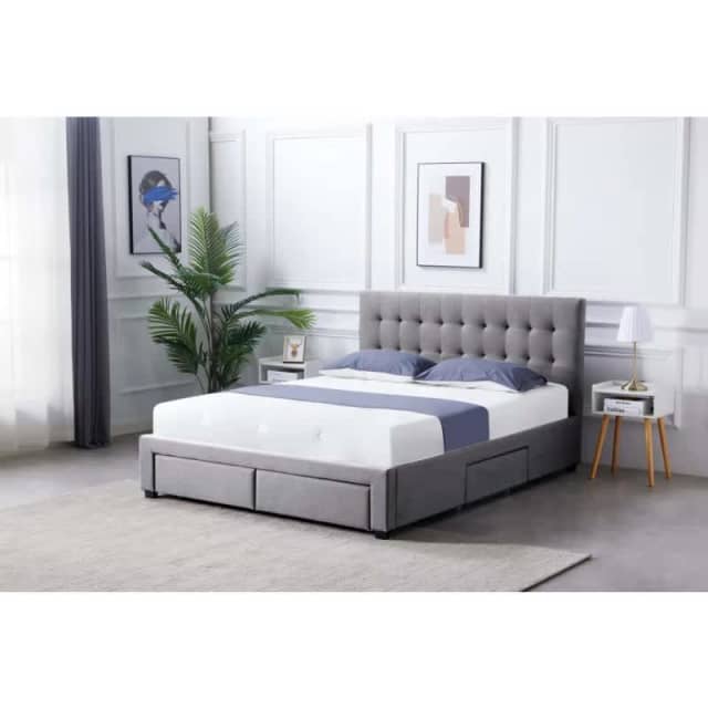 Square Tufted Storage Bed Frame Queen size with 4 Drawers Grey 77145