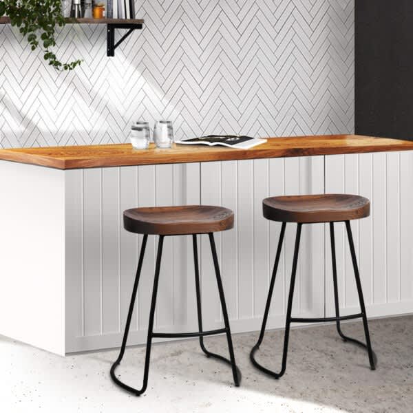 Artiss Set of 2 Elm Wood Backless Bar Stools 65cm Black and Dark Nat
