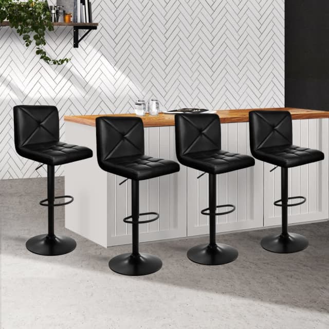 Set of 4 Bar Stools PU Leather Criss Cross Style Black Stools & Bar