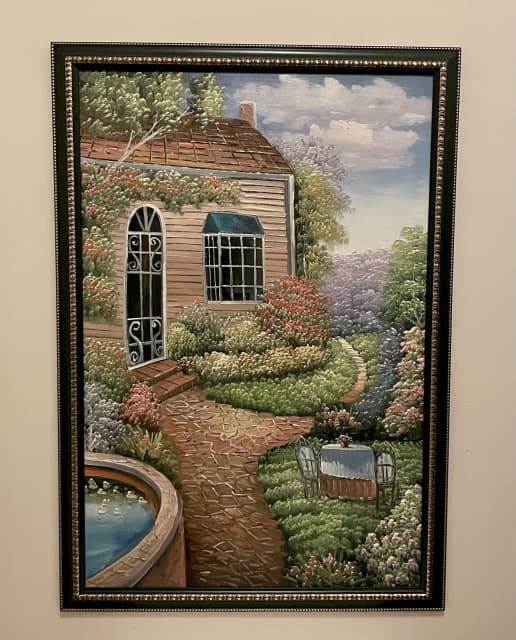 Large Oil Painting Cottage Gardens Fountain Landscape 67cm x 97cm Art Gumtree Australia