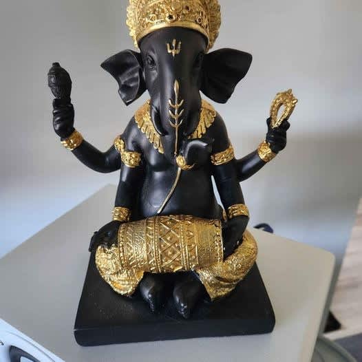24cm Black & Gold Ganesh Drum Buddha Statue Figurine Garden Sculpture