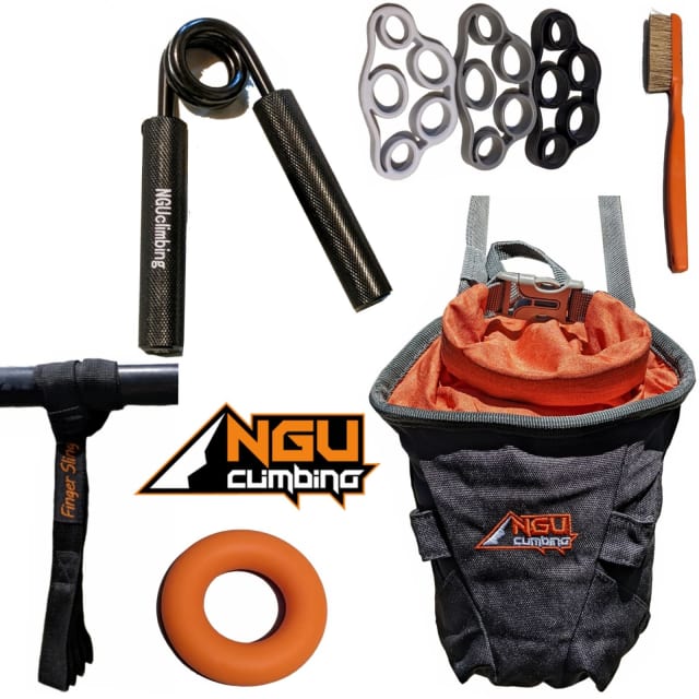 Rock Climbing & Bouldering Kit, chalk brush & bag, finger & hand grip