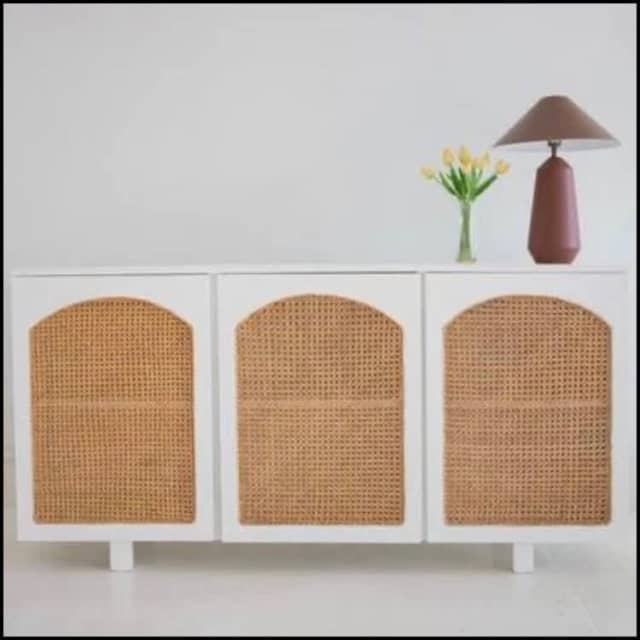 TEAK & RATTAN ARCH 3 DOOR SIDEBOARDARTIC WHITE FINISH STUNNING