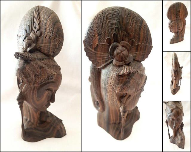 Vintage Asian Woman Face Handmade Wood Carving Art Sculpture Antiques