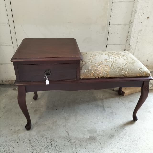 Vintage hardwood upholstered telephone table with queen Ann legs