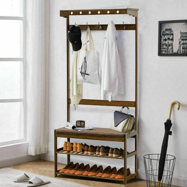 Rustic Coat Rack Shoe Bench Hall Tree Entryway Storage with Top Shelf