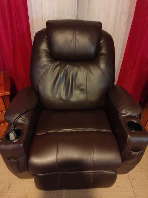 brown leather recliner chair with cup holder