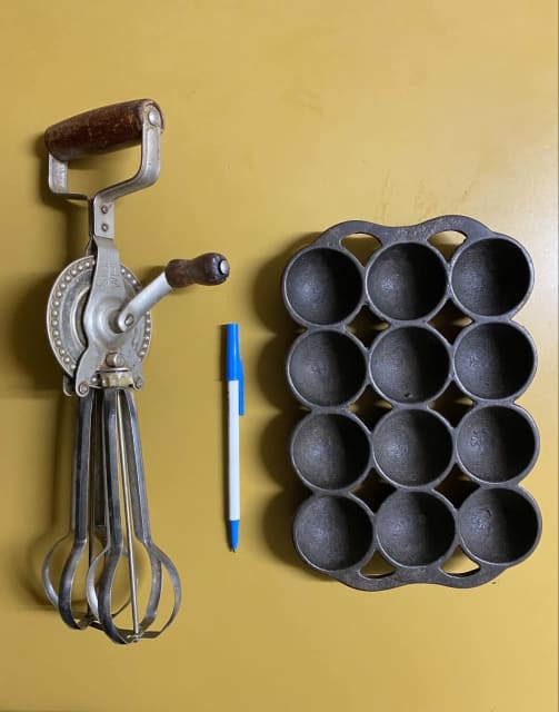 Vintage Hand Whisk/Egg Beater & Vintage Cast Iron Gem Scone Tray/Pan