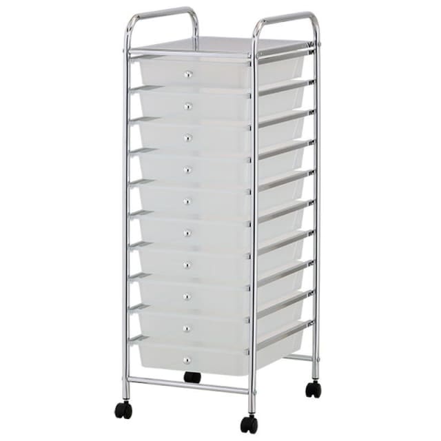 White Plastic Storage10 Tier with Metal Trolley Shelf Bookcases