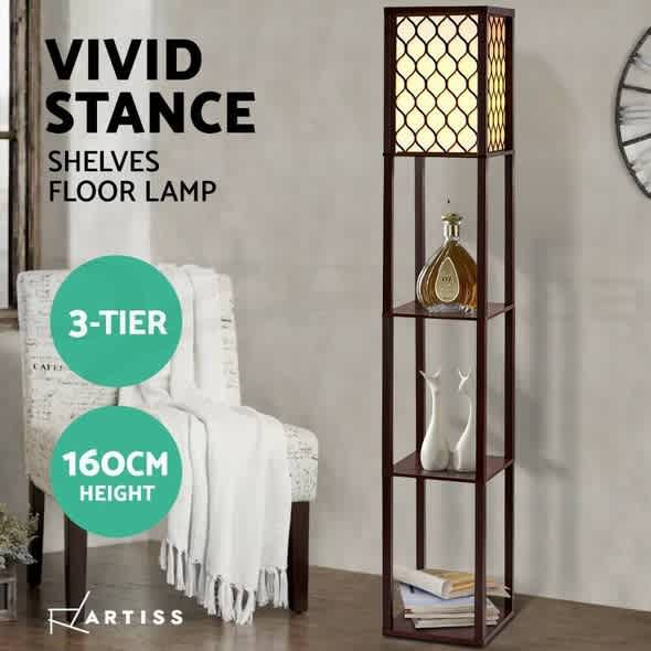 Artiss Floor Lamp LED Storage Shelf Standing Vintage Wood Light Readin